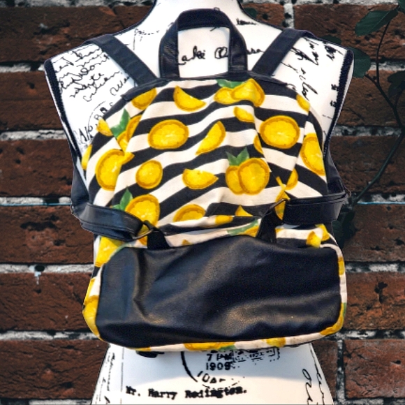Hot Topic Canvas & Faux Leather Lemon Striped Backpack - Picture 2 of 9